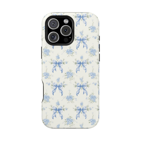 Mag Safe Phone Case  Preppy Blue Bows and Floral Design Magnetic Tough Case for iPhone - Durable