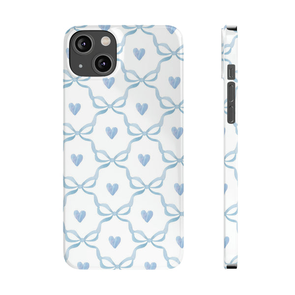 Bow and Heart Collab Print, Coquette blue and white, loveshackfancy inspired, preppy print Phone Case, all iPhone 15 14 Plus Pro Max 13