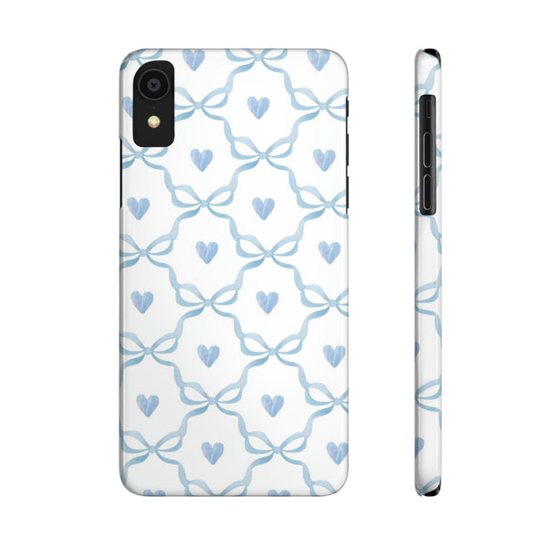 Bow and Heart Collab Print, Coquette blue and white, loveshackfancy inspired, preppy print Phone Case, all iPhone 15 14 Plus Pro Max 13