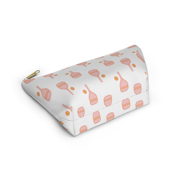 Pickleball  Bag with Zipper,  Pink and Orange, Makeup case, Clutch,   Accessory Zip Pouch Available in Two Sizes - White canvas