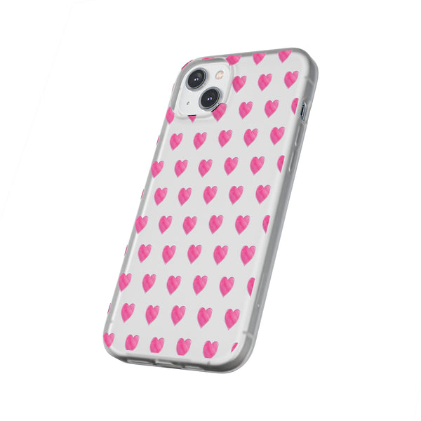 Flexible Phone Case - Preppy Hearts Watercolor Pink - Clear Shell pink Hearts - your case color will show through