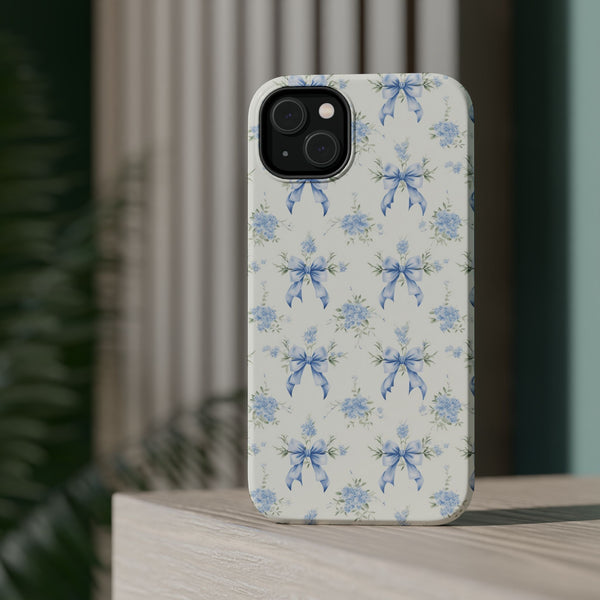 Mag Safe Phone Case  Preppy Blue Bows and Floral Design Magnetic Tough Case for iPhone - Durable