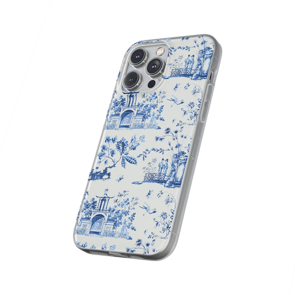Flexible Phone Case - Chinoiserie Blue and White Toile Pagoda iPhone Samsung, White Background with Blue Toile Pattern