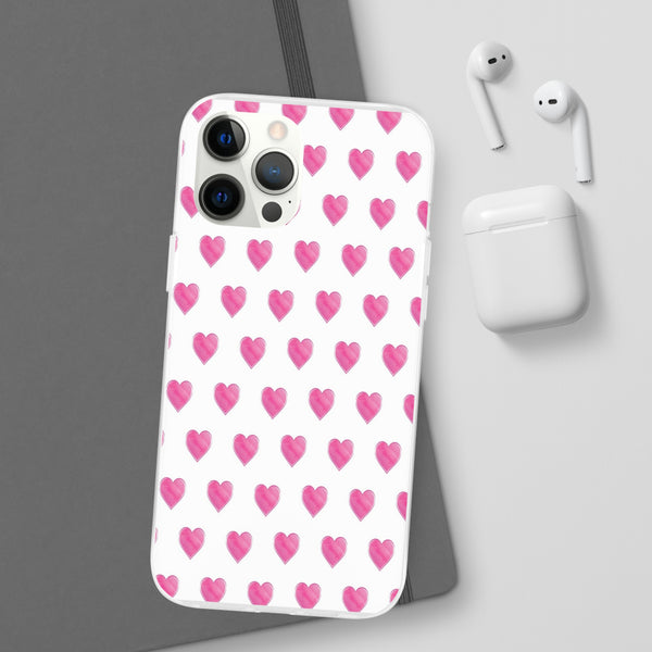 Flexible Phone Case - Preppy Hearts Watercolor Pink - Clear Shell pink Hearts - your case color will show through