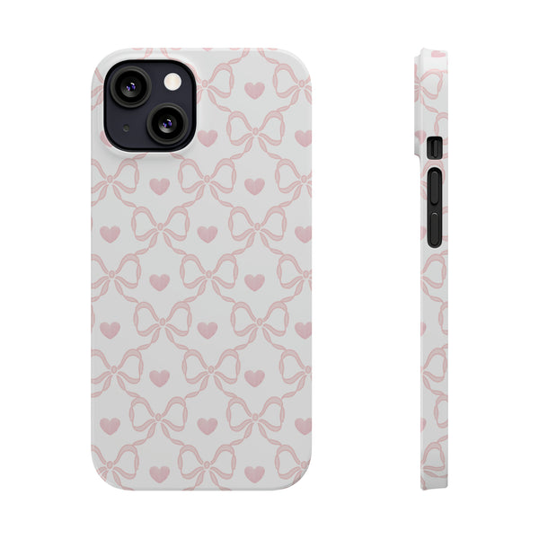 Bow  Heart Print, Coquette pale pink and white, loveshackfancy inspired, preppy print Phone Case Slim, all iPhone 15 14 Plus Pro Max 13