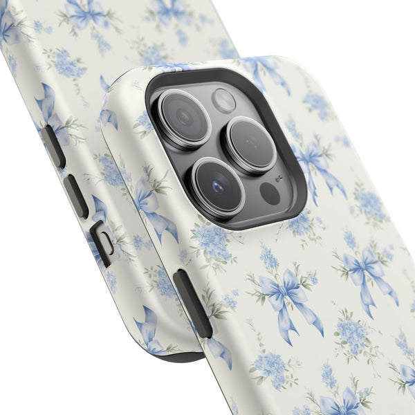 Mag Safe Phone Case  Preppy Blue Bows and Floral Design Magnetic Tough Case for iPhone - Durable