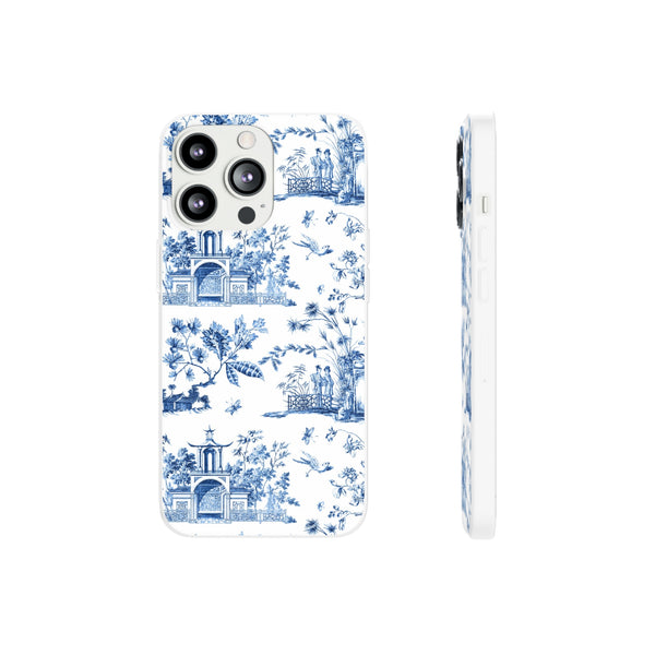 Flexible Phone Case - Chinoiserie Blue and White Toile Pagoda iPhone Samsung, White Background with Blue Toile Pattern