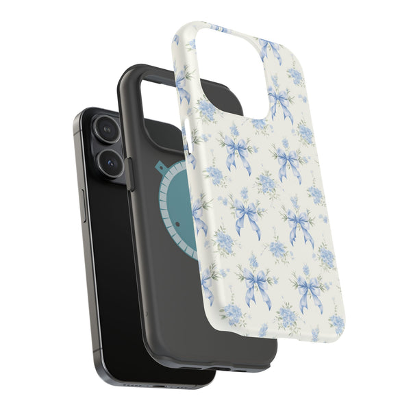 Mag Safe Phone Case  Preppy Blue Bows and Floral Design Magnetic Tough Case for iPhone - Durable