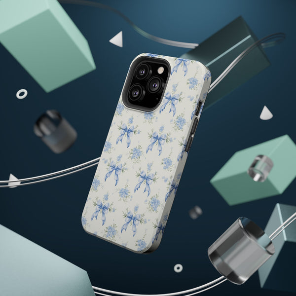 Mag Safe Phone Case  Preppy Blue Bows and Floral Design Magnetic Tough Case for iPhone - Durable