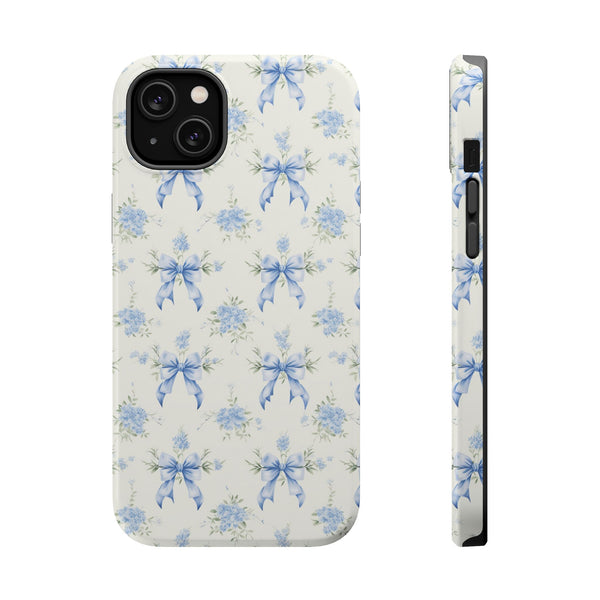 Mag Safe Phone Case  Preppy Blue Bows and Floral Design Magnetic Tough Case for iPhone - Durable