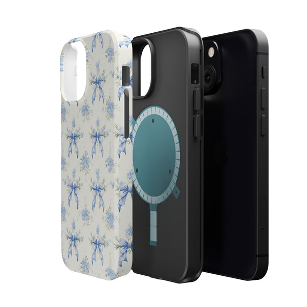 Mag Safe Phone Case  Preppy Blue Bows and Floral Design Magnetic Tough Case for iPhone - Durable