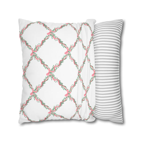 Pillow Cover Large Sham, Watercolor Lattice Floral Pink Bow  Loveshackfancy inspired, (insert not included) choose from 24" or 26" square