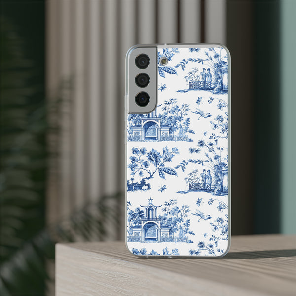 Flexible Phone Case - Chinoiserie Blue and White Toile Pagoda iPhone Samsung, White Background with Blue Toile Pattern