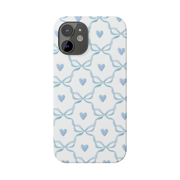 Bow and Heart Collab Print, Coquette blue and white, loveshackfancy inspired, preppy print Phone Case, all iPhone 15 14 Plus Pro Max 13