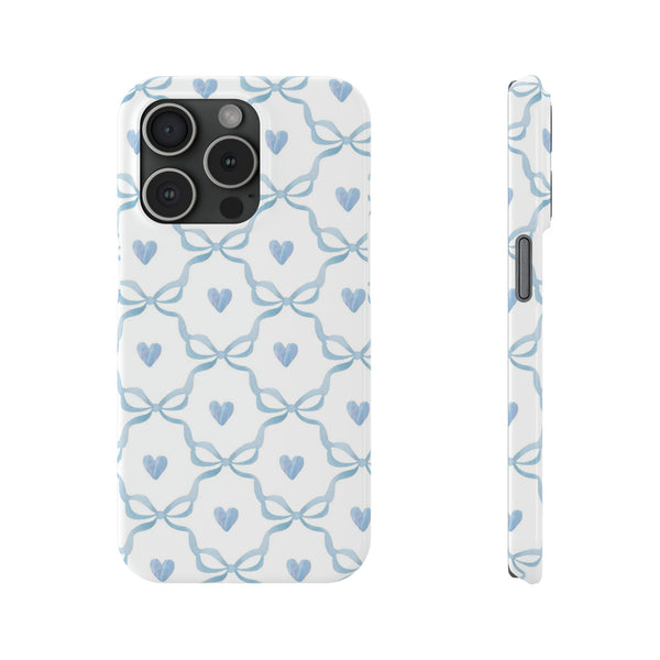 Bow and Heart Collab Print, Coquette blue and white, loveshackfancy inspired, preppy print Phone Case, all iPhone 15 14 Plus Pro Max 13