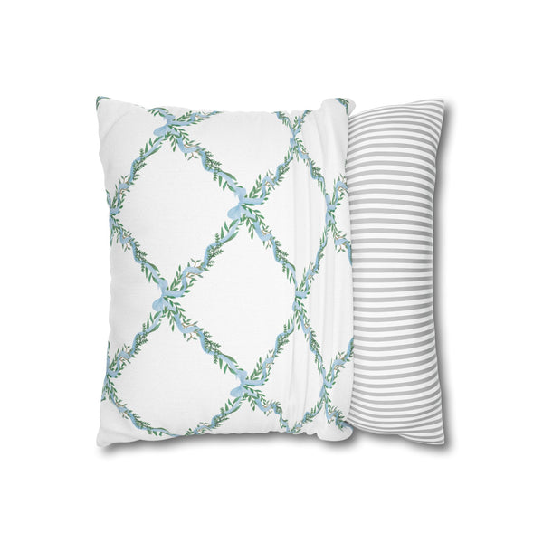 Watercolor Lattice Floral Bow Blue Pillow Cover with Zip Closure - Cover Only - Insert not included - teen, tween, dorm room