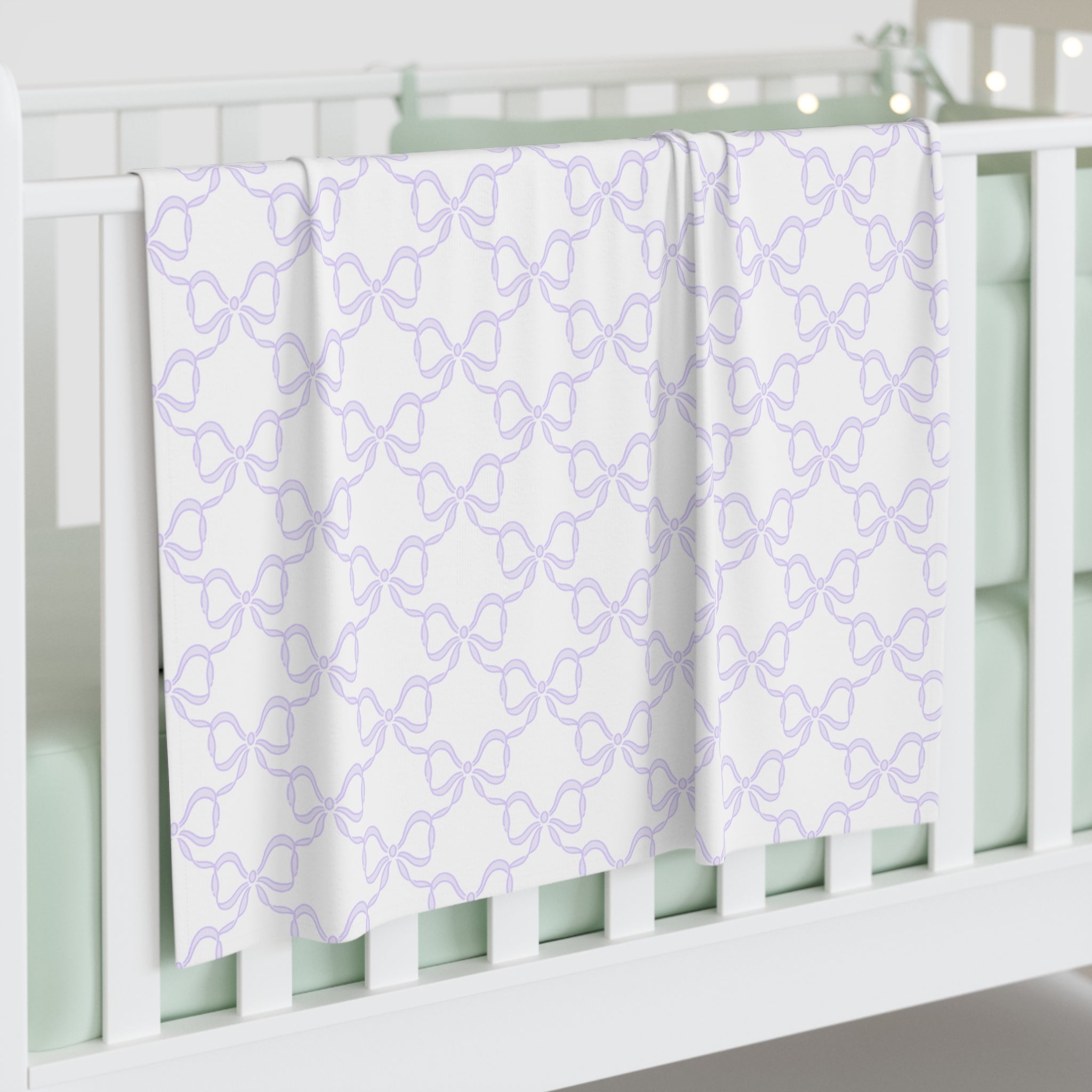Baby Swaddle Blanket in watercolor bow print pattern - lavender, lilac, soft purple and white for boys or girls