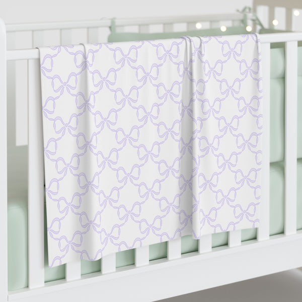 Baby Swaddle Blanket in watercolor bow print pattern - lavender, lilac, soft purple and white for boys or girls