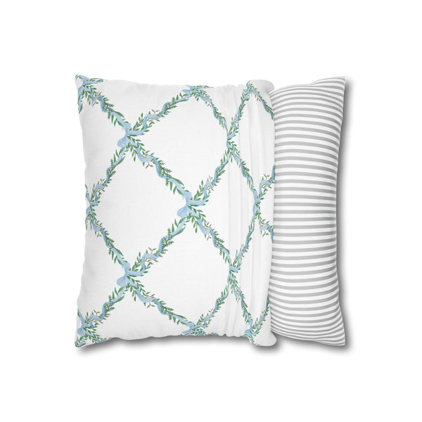 Watercolor Lattice Floral Bow Blue Pillow Cover with Zip Closure - Cover Only - Insert not included - teen, tween, dorm room