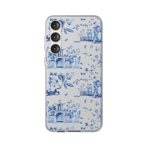 Flexible Phone Case - Chinoiserie Blue and White Toile Pagoda iPhone Samsung, White Background with Blue Toile Pattern