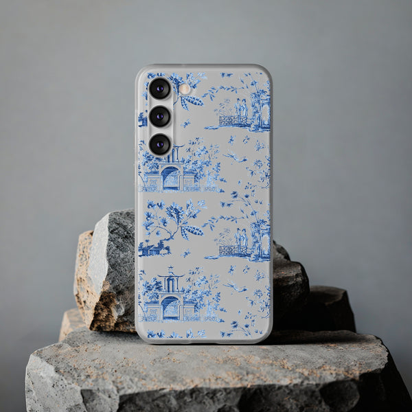 Flexible Phone Case - Chinoiserie Blue and White Toile Pagoda iPhone Samsung, White Background with Blue Toile Pattern