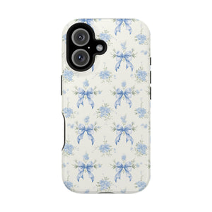 Mag Safe Phone Case  Preppy Blue Bows and Floral Design Magnetic Tough Case for iPhone - Durable