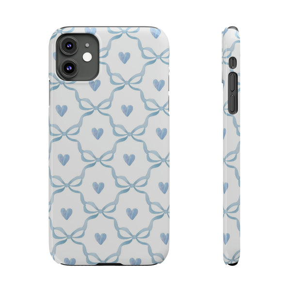 Bow and Heart Collab Print, Coquette blue and white, loveshackfancy inspired, preppy print Phone Case, all iPhone 15 14 Plus Pro Max 13