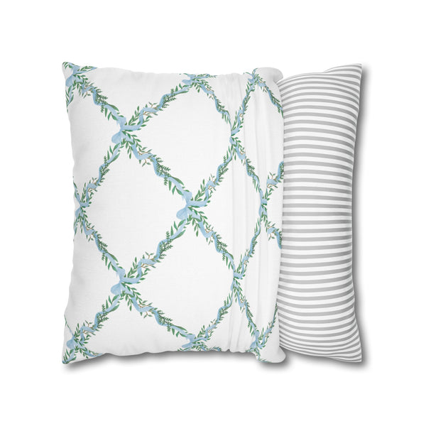 Watercolor Lattice Floral Bow Blue Pillow Cover with Zip Closure - Cover Only - Insert not included - teen, tween, dorm room