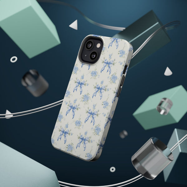Mag Safe Phone Case  Preppy Blue Bows and Floral Design Magnetic Tough Case for iPhone - Durable