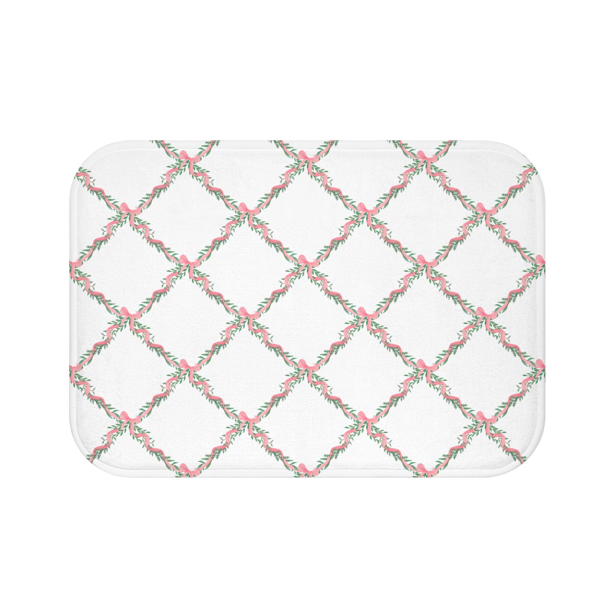 Bathmat Preppy Bow Lattice Watercolor Pink Bath Mat Plush White, Available in Two Sizes, Standard and Large - anti-slip back