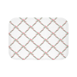 Bathmat Preppy Bow Lattice Watercolor Pink Bath Mat Plush White, Available in Two Sizes, Standard and Large - anti-slip back