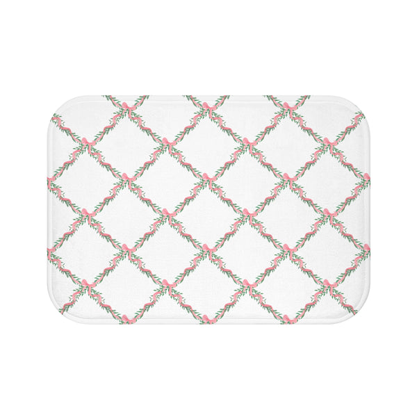Bathmat Preppy Bow Lattice Watercolor Pink Bath Mat Plush White, Available in Two Sizes, Standard and Large - anti-slip back