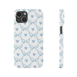 Bow and Heart Collab Print, Coquette blue and white, loveshackfancy inspired, preppy print Phone Case, all iPhone 15 14 Plus Pro Max 13