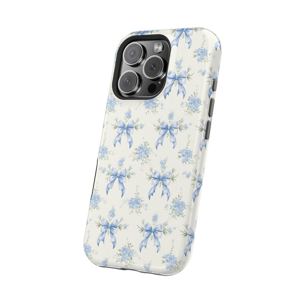 Mag Safe Phone Case  Preppy Blue Bows and Floral Design Magnetic Tough Case for iPhone - Durable