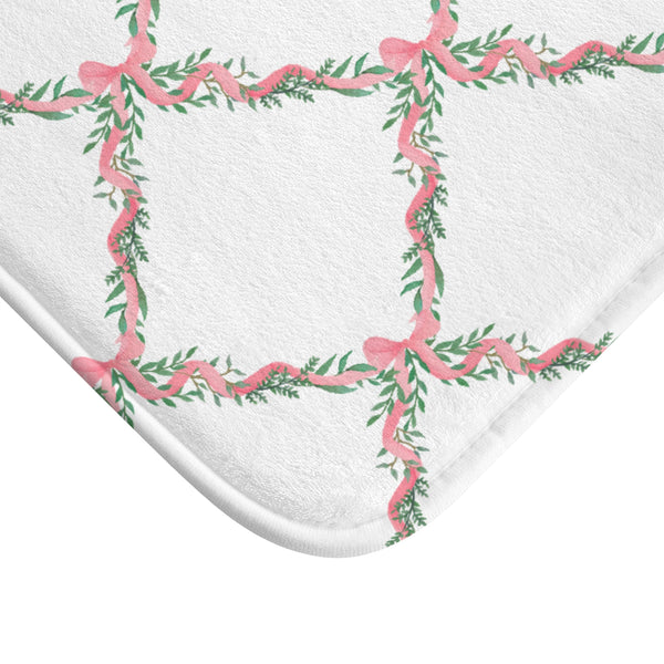 Bathmat Preppy Bow Lattice Watercolor Pink Bath Mat Plush White, Available in Two Sizes, Standard and Large - anti-slip back