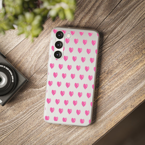 Flexible Phone Case - Preppy Hearts Watercolor Pink - Clear Shell pink Hearts - your case color will show through