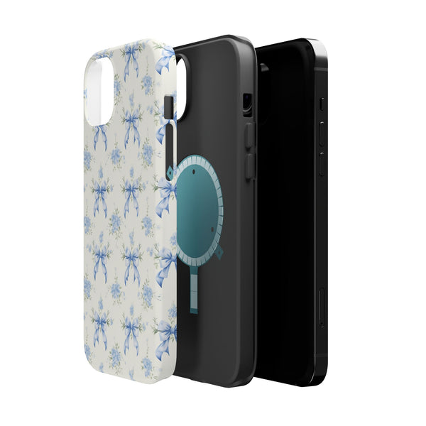 Mag Safe Phone Case  Preppy Blue Bows and Floral Design Magnetic Tough Case for iPhone - Durable