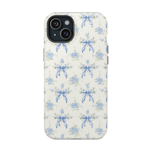 Mag Safe Phone Case  Preppy Blue Bows and Floral Design Magnetic Tough Case for iPhone - Durable