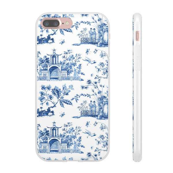 Flexible Phone Case - Chinoiserie Blue and White Toile Pagoda iPhone Samsung, White Background with Blue Toile Pattern