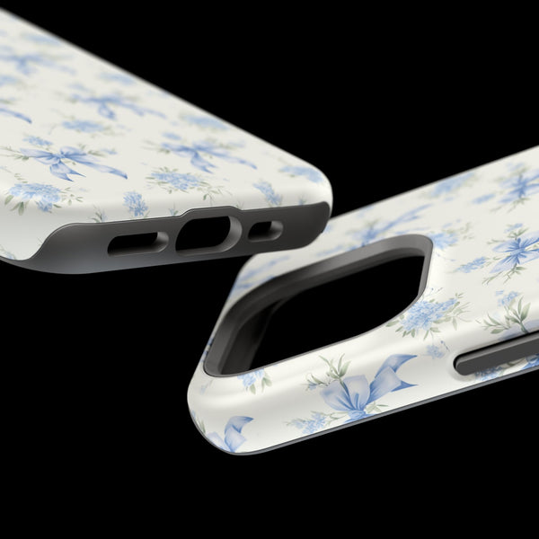Mag Safe Phone Case  Preppy Blue Bows and Floral Design Magnetic Tough Case for iPhone - Durable