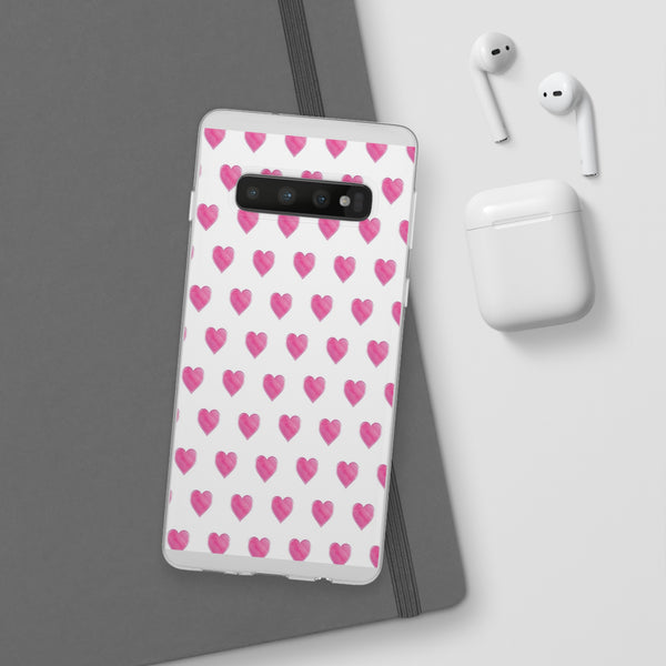 Flexible Phone Case - Preppy Hearts Watercolor Pink - Clear Shell pink Hearts - your case color will show through