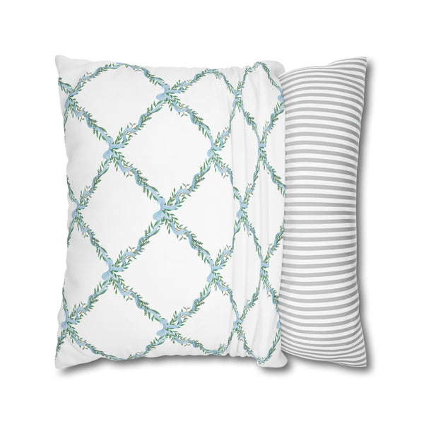 Pillow Cover Large Sham, Watercolor Lattice Floral Blue Bow  Loveshackfancy inspired, (insert not included) choose from 24" or 26" square