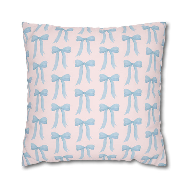 Pillow Cover Large Sham, Preppy Blue Bow design, Blush Pink Loveshackfancy inspired, (insert not included) choose from 22" 24" or 26" square
