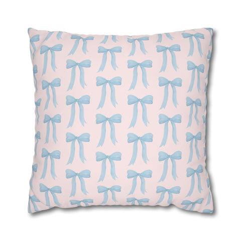 Pillow Cover Large Sham, Preppy Blue Bow design, Blush Pink Loveshackfancy inspired, (insert not included) choose from 22" 24" or 26" square
