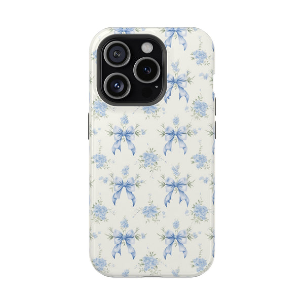 Mag Safe Phone Case  Preppy Blue Bows and Floral Design Magnetic Tough Case for iPhone - Durable