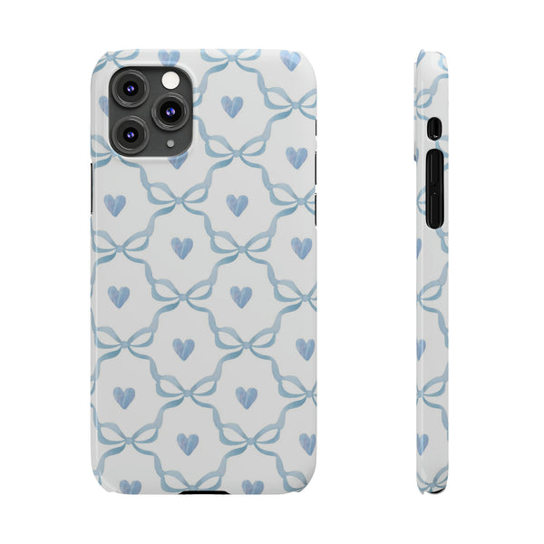 Bow and Heart Collab Print, Coquette blue and white, loveshackfancy inspired, preppy print Phone Case, all iPhone 15 14 Plus Pro Max 13