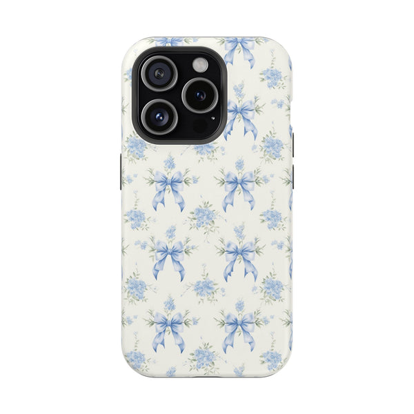 Mag Safe Phone Case  Preppy Blue Bows and Floral Design Magnetic Tough Case for iPhone - Durable