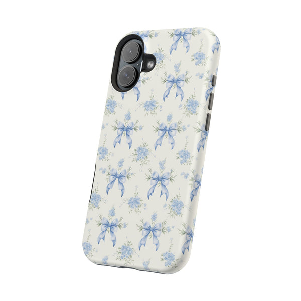 Mag Safe Phone Case  Preppy Blue Bows and Floral Design Magnetic Tough Case for iPhone - Durable