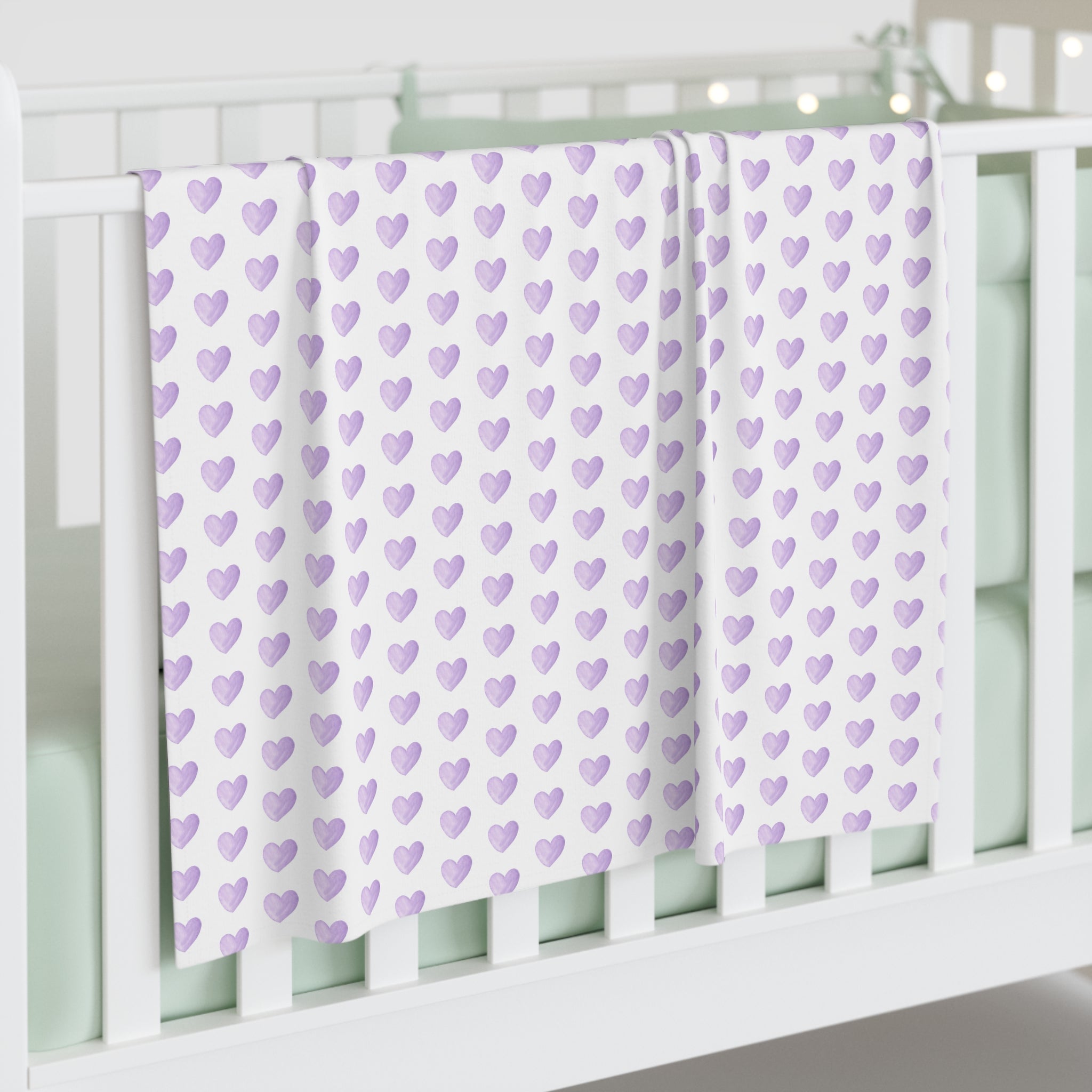 Baby Swaddle Blanket in preppy watercolor heart print pattern - lavender and white for boys or girls