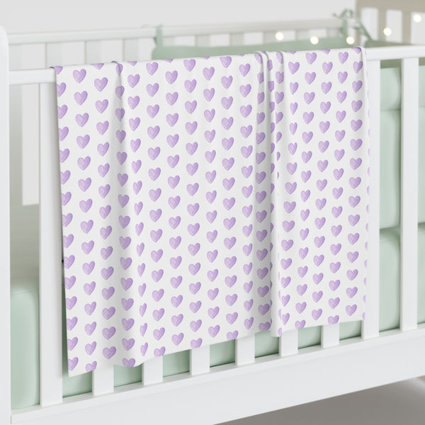 Baby Swaddle Blanket in preppy watercolor heart print pattern - lavender and white for boys or girls